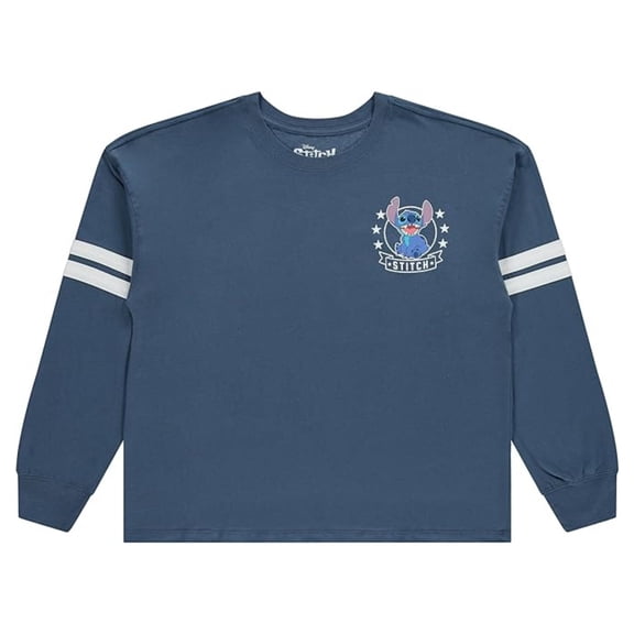 Disney Women's Lilo and Stitch Long Sleeve Shirt, Graphic Print Varsity Stripe Stitch Shirt Slate - M