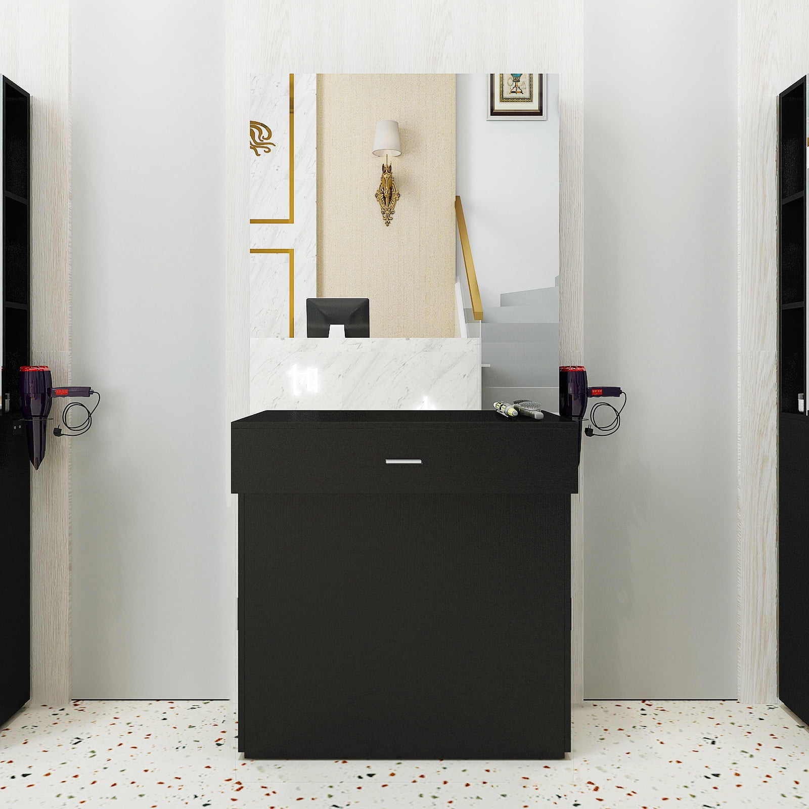 Black Barber Salon Stylist Station Wall Mount Beauty Spa Furniture with Mirror Dressing Table for Hair Styling