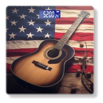 High Precision Body Weight Scale Smart Bathroom Scales with Large LCD Display(400lbs),Decorative for Bedroom-Acoustic Guitar And American Flag On Wooden Table