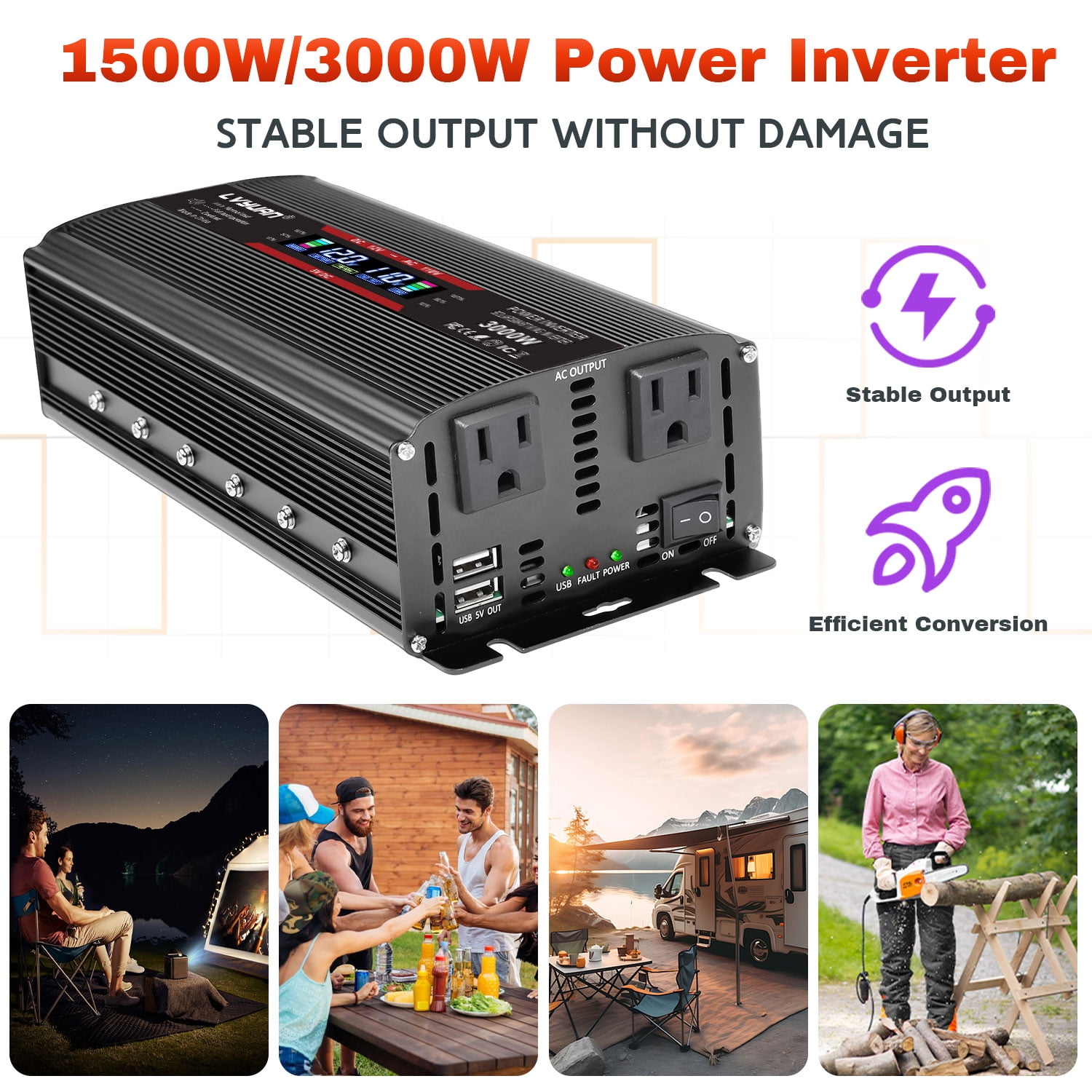 LVYUAN 1500W 3000W Peak Modified Sine Wave Power Inverter - DC 12V to 110V AC, Dual AC Outlets & Dual USB Ports, LCD Display, Black - Ideal for Car, RV, Camping & Home Backup