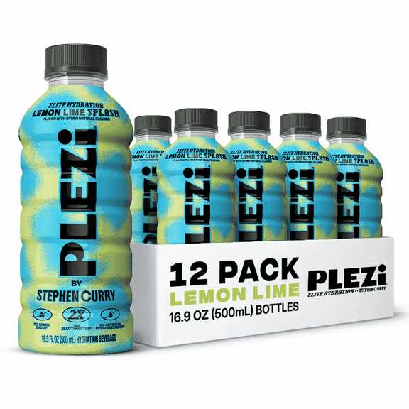 PLEZi Hydration Lemon Lime Sports Drink, No Added Sugar, 2X Electrolytes & 560mg Potassium, Made with Real Juice, 16.9 fl oz Bottles, 12 Pack