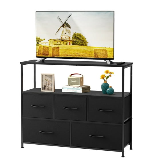BEDDLE TV Stand with 5 Drawer Dresser for Bedroom Living Room, Fits TV up to 45 Inches, Black