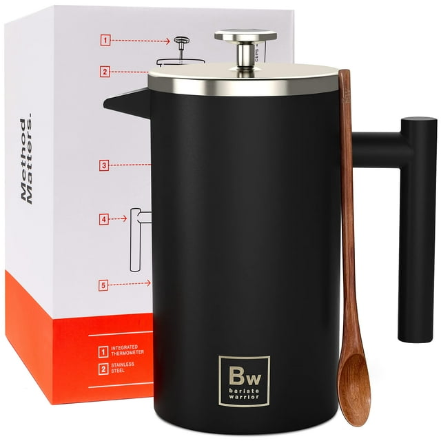 Barista Warrior Prensa francesa con termómetro - Prensa de café aislada - Cafetera de prensa francesa de acero inoxidable (1,0 L | 34 fl oz) (negro)