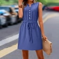 thumbnail image 6 of ClodeEU Women's Sleeveless V Neck Shirt Dress,Casual Button Down Mini Dress with Waist Drawstring Blue,Women's Plus XXXL, 6 of 8