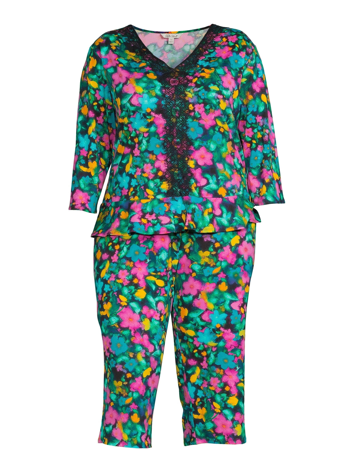 The Pioneer Woman 3/4 Sleeve V-Neck Top and Cropped Pant Pajama Set, 2-Piece, Women's