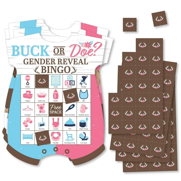 Big Dot of Happiness Buck or Doe - Picture Bingo Cards and Markers - Hunting Gender Reveal Party Shaped Bingo Game - Set of 18