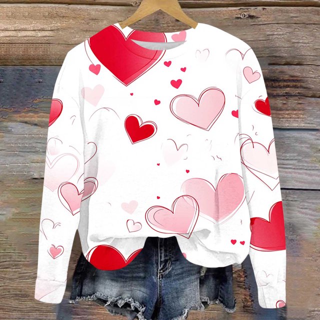 Jsaierl Chandails en Molleton pour Femmes Saint-Valentin Mignons Imprimé Cœur Chandails en Molleton Tendance Chandail Col Rond Décontracté Manches Longues pour Femmes
