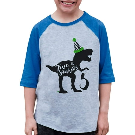 

7 ate 9 Apparel Kid s Five 5 Fifth 5th Dinosaur Dino Birthday Blue Raglan Tee Small