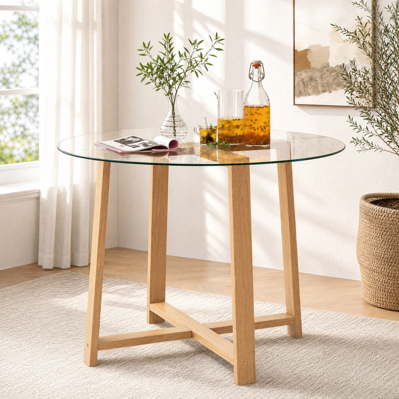 Furnibear 42 Inch Round Glass Dining Table for 4 to 6 with Tempered Glass Top and Rubber Wood Legs for Kitchen and Dining Room, Natural