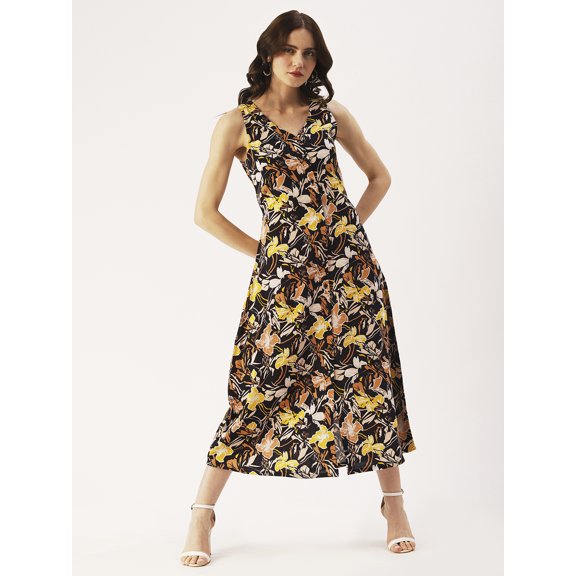 DressBerry Women’s Printed Viscose Rayon V Neck Dress Front Buttoned Sleeveless Ankle Length Party Wear Light Weighted Casual Summer Dress