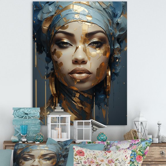 Designart "African Woman Portrait In Blue And Gold" Africa Wall Decor