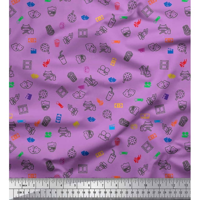 Soimoi Purple polyester Crepe Fabric Coke,Film Reel & Mask Modern Style Decor Fabric Printed Yard 52 Inch Wide
