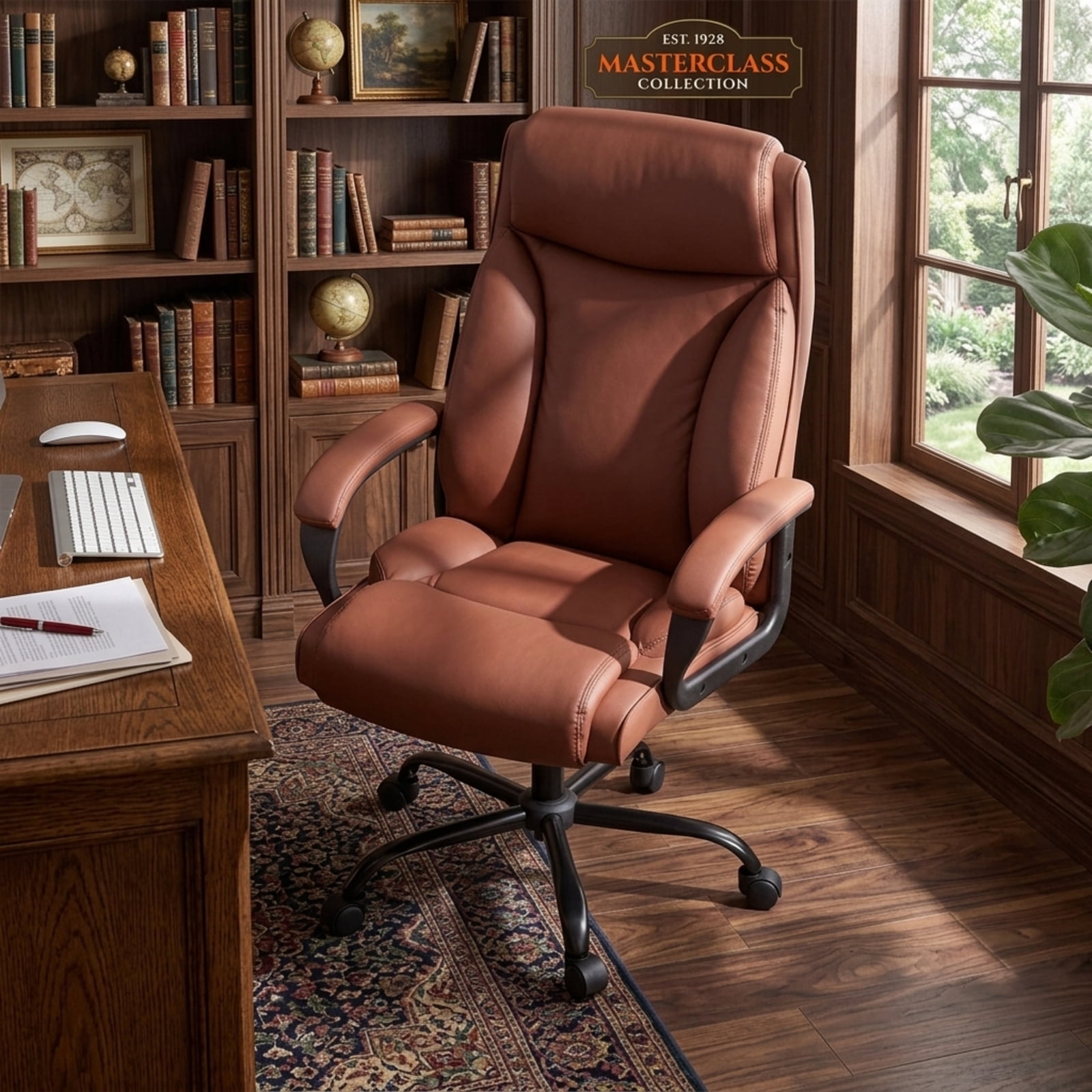 Furnibear Big and Tall Office Chair 400lb High Back Executive Computer Chair with PVC Leather Rocking Backrest and Swivel Seat, Brown