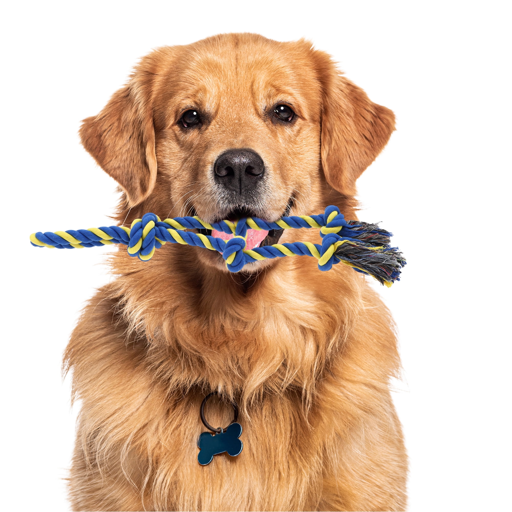 Unique Bargains Knots Shape Durable Braided Cotton Dog Chew Rope Blue Yellow