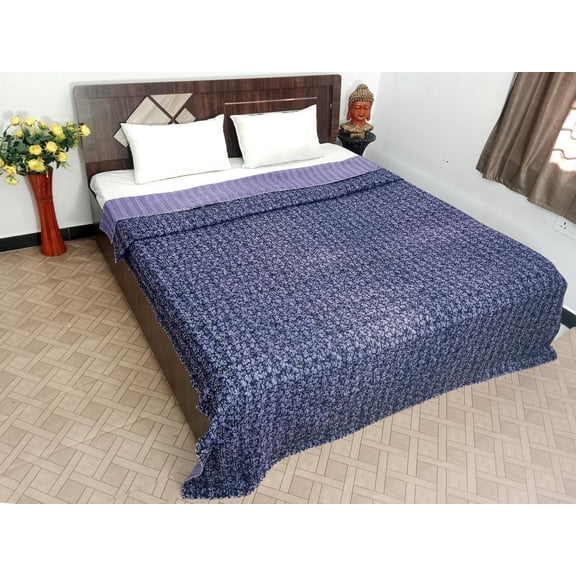 Floral Kantha Quilt: Hand Block Print Cotton Bedspread