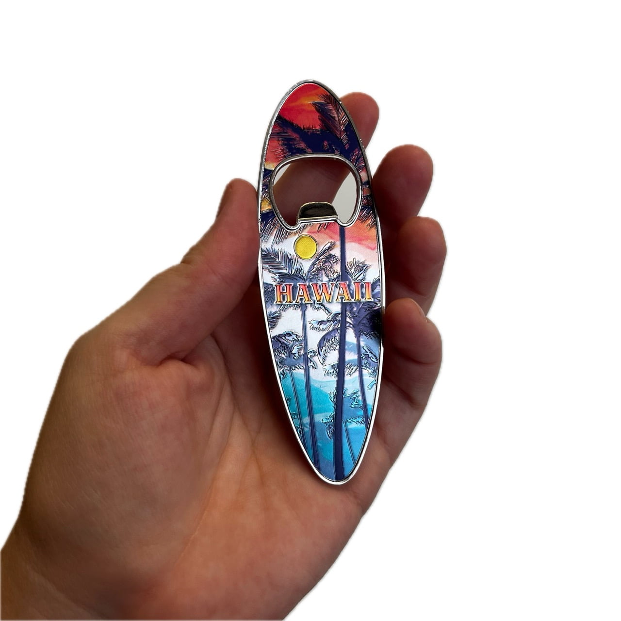 Island Heritage Magnetic Bottle Opener with Palm Sunset Design