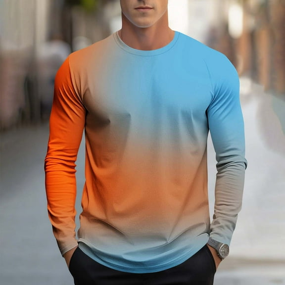 Plus Size T Shirts for Men Big & Tall S-4X Long Sleeve Tshirts Shirt Mens Trendy Gradient Printed Pullover Crewneck Breathable Athletic Workout Tops