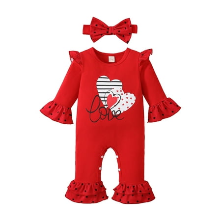 

Binpure Baby Girls Jumpsuit Set Long Sleeve Heart Letters Print Romper with Bowknot Headband for Valentine’s Day
