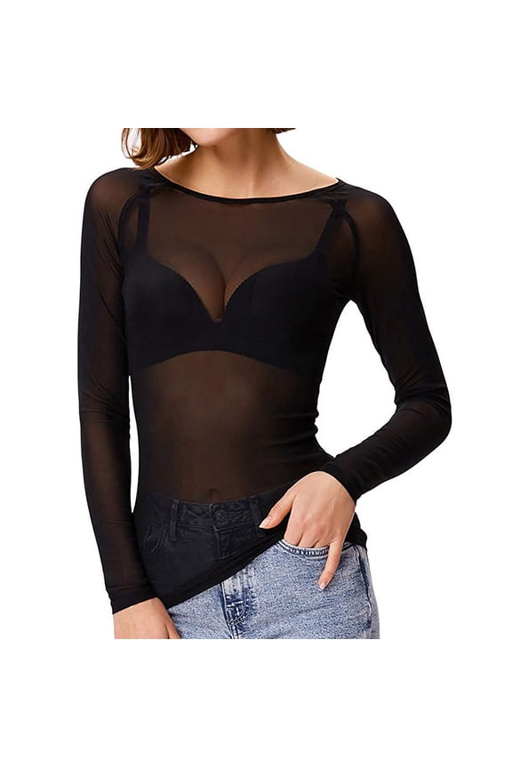 Women Mesh Long Sleeve Shirts See Through Lightweight Layer Tops Party Clubwear Blouse Shirt