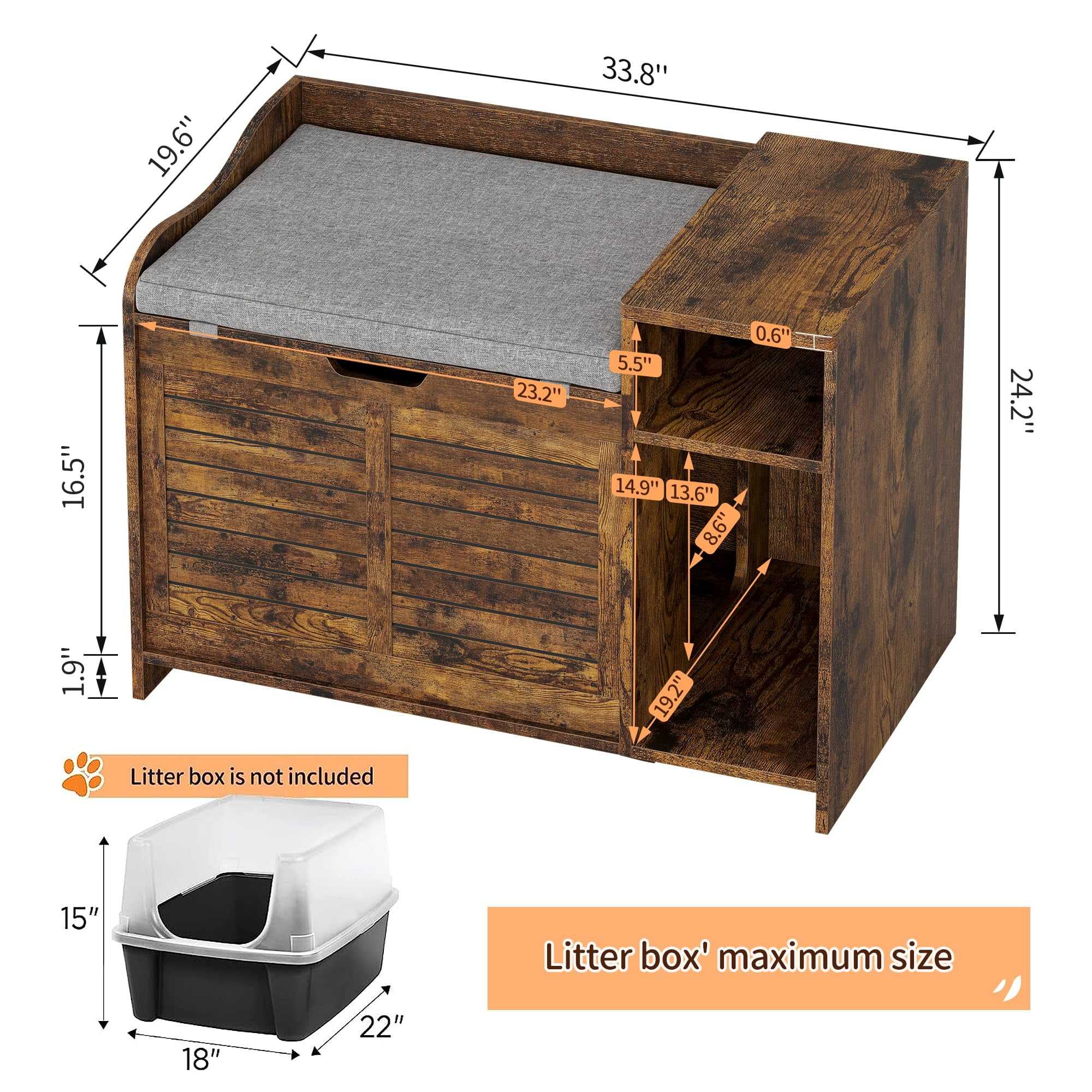 Cat Litter Box Furniture, Hidden Cat Litter Box Cabinet with Top Opening and Cushion, Privacy Cat Litter Box Enclosure with Storage, Litter Box Enclosure Furniture