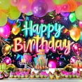 thumbnail image 2 of Neon Happy Birthday Backdrop Glow in The Dark Brick Wall Funny Graffiti Colorful Balloons Photography Background Modern Cool Table Decor Banner Studio Photo Shoot, 2 of 4