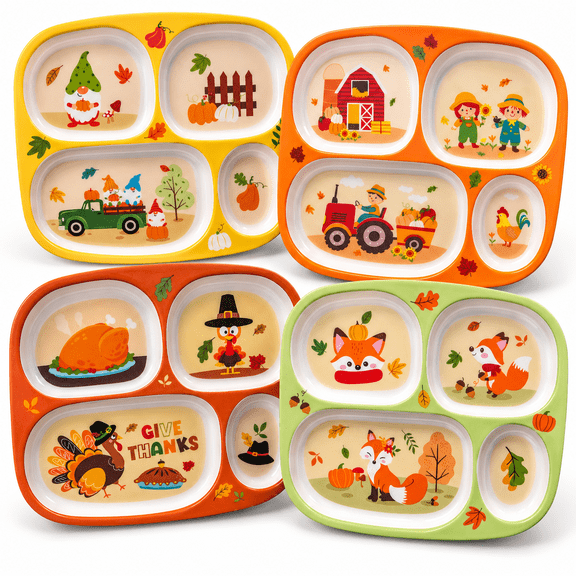 Fall Dinnerware Divided Plates for Kids Melamine Plastic Compartment Plates Reusable Set of 4 Halloween, Thanksgiving, Autumn themed Dishes, BPA Free, Top Rack Dishwasher Safe Woodland Creatures