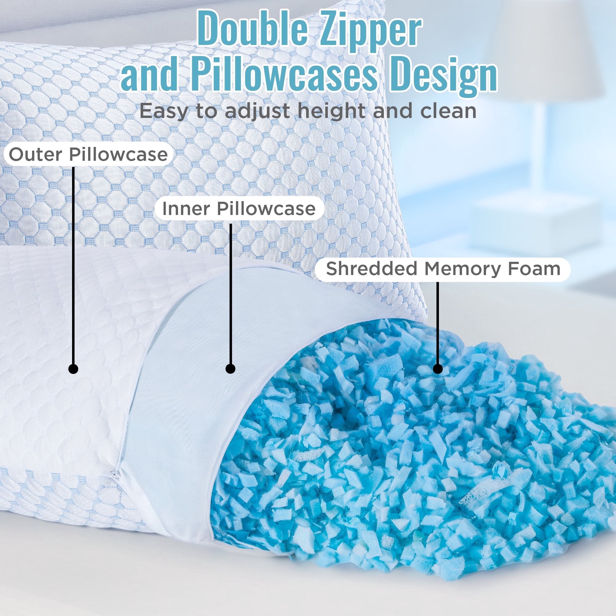 Adjustable Cooling Memory Foam Pillow for Sleeping, Breathable Shredded Foam Bed Pillow with Washable Cover, Soft Support Pillow for Side Back Stomach Sleepers, Ideal for King Size Mattresses