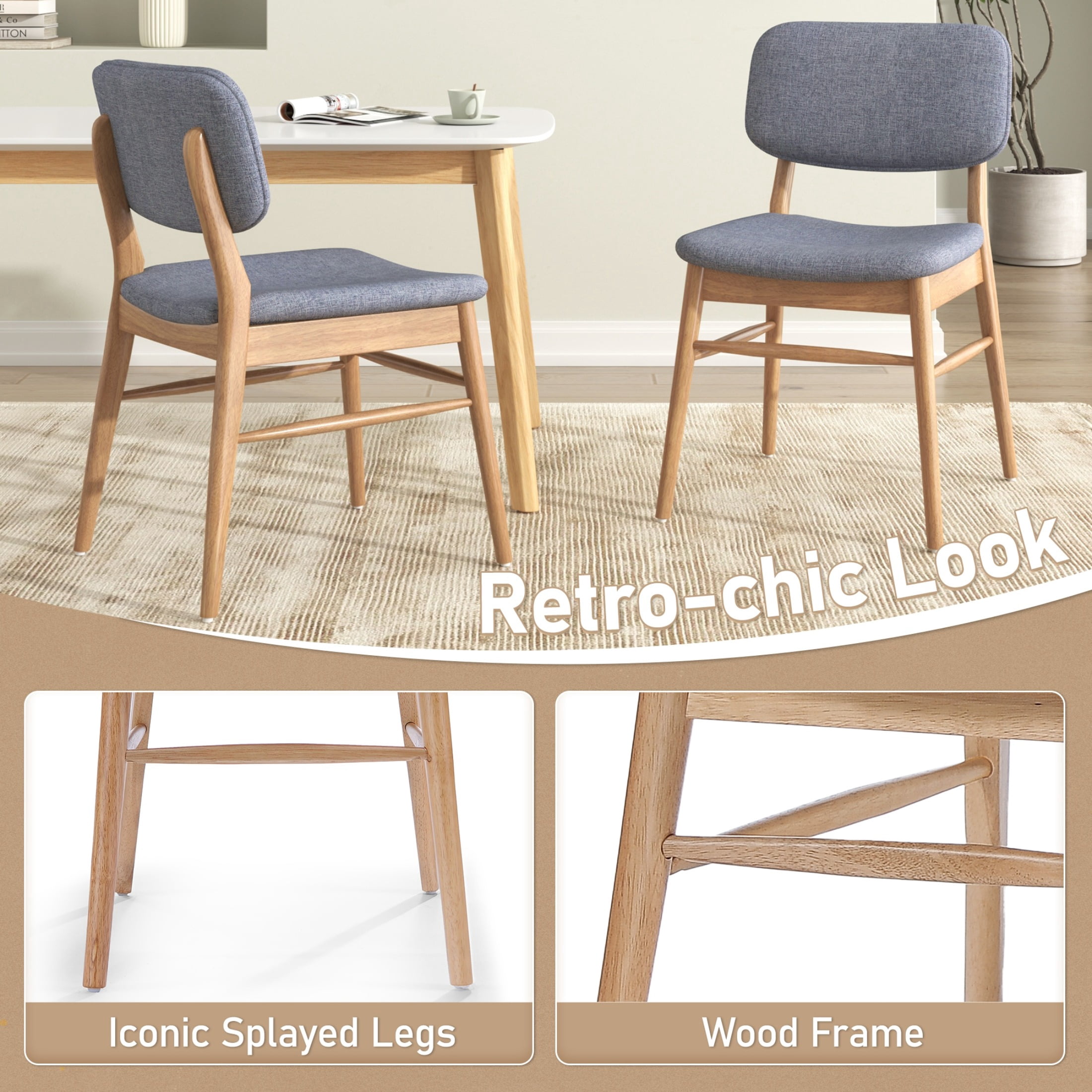 Dining Chairs Set of 2, Rubberwood Chairs with Upholstered Seat for Living Room, Dining Room, Natural + Gray