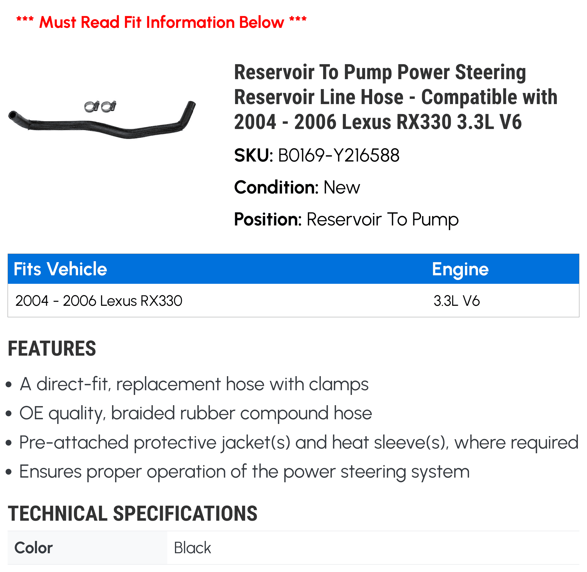 Reservoir To Pump Power Steering Reservoir Line Hose - Compatible with 2004 - 2006 RX330 3.3L V6 2005