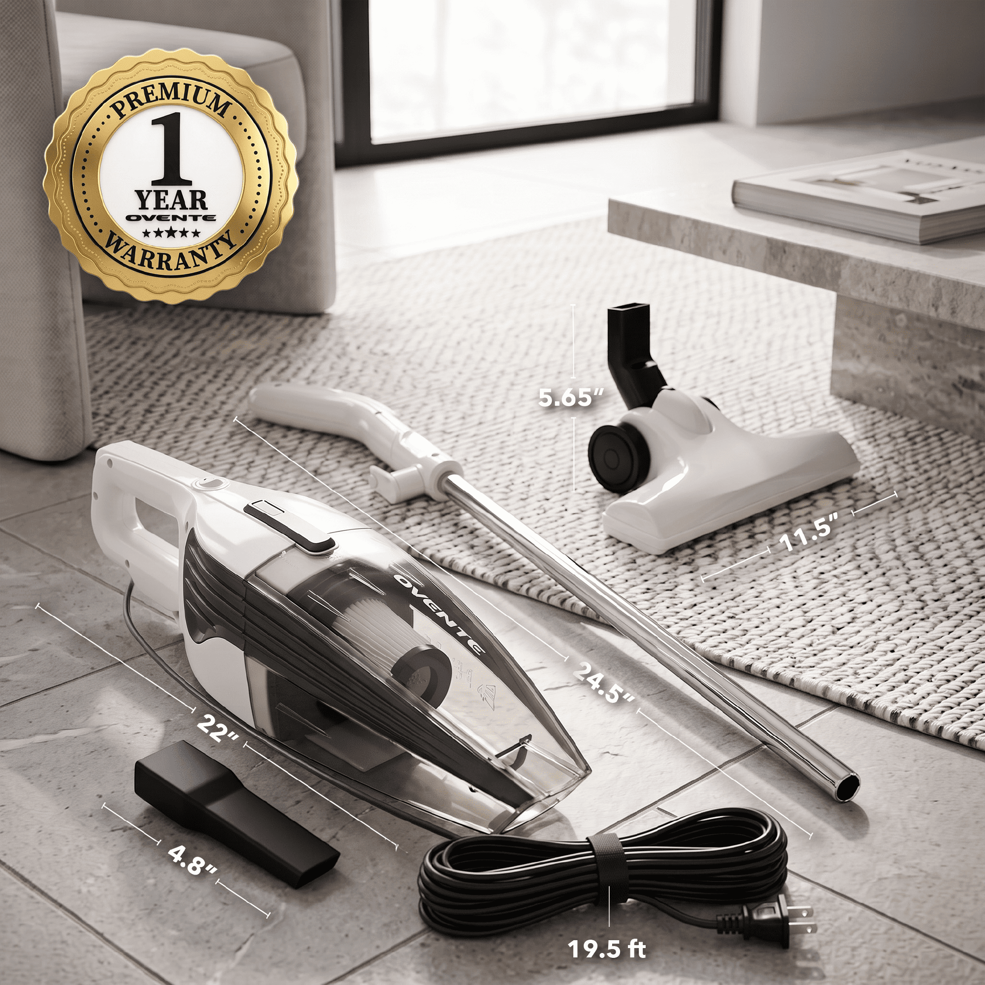 OVENTE Electric Corded Stick Vacuum, 600W Motor, White ST101WP | Powerful Suction, Handheld Lightweight Bagless Multi-Surface Cleaner for Home, Includes Floor Brush and Crevice Nozzle Tool