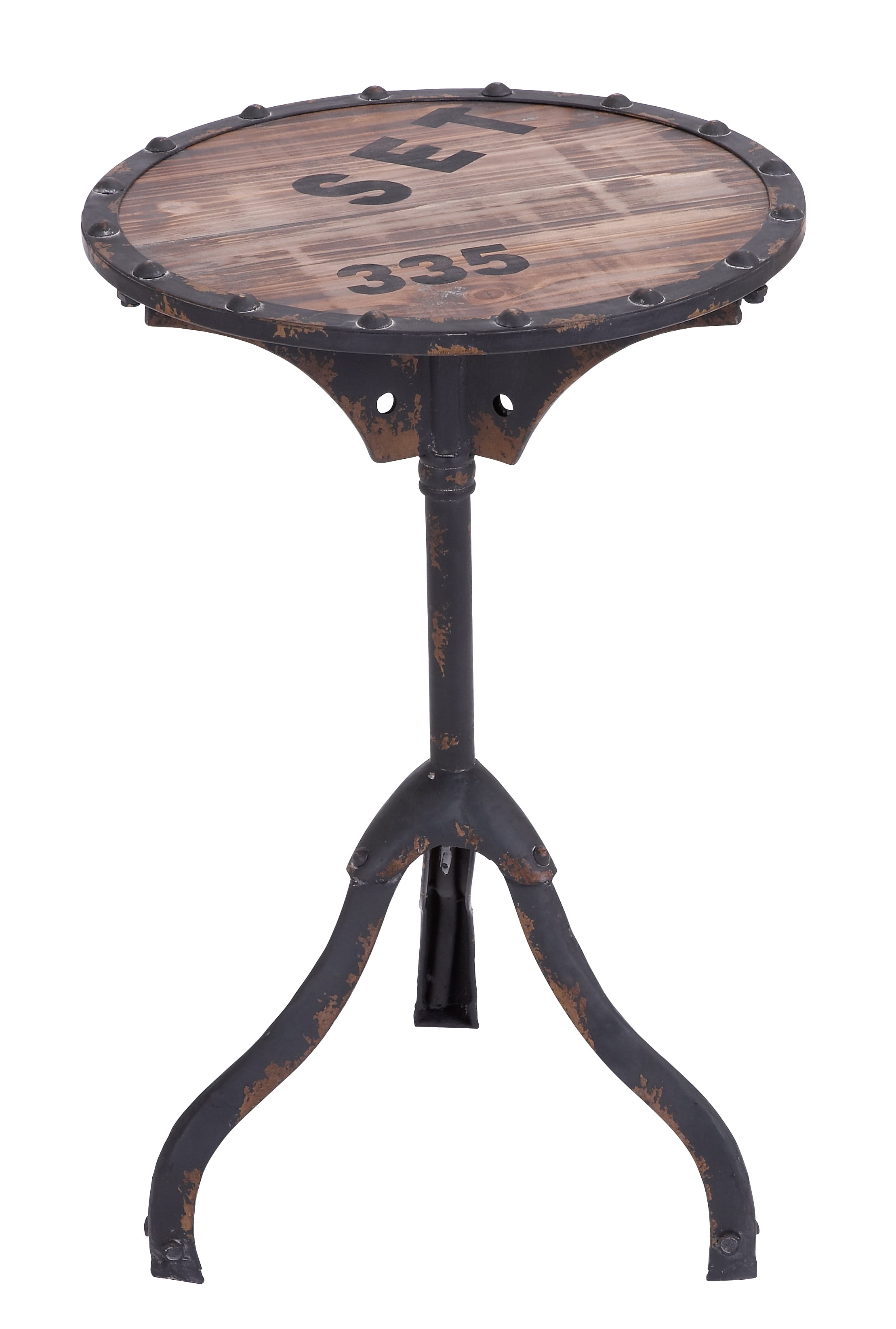 Decmode 24 Inch Rustic Round Iron And Wood Accent Table With Vintage Graphics Brown