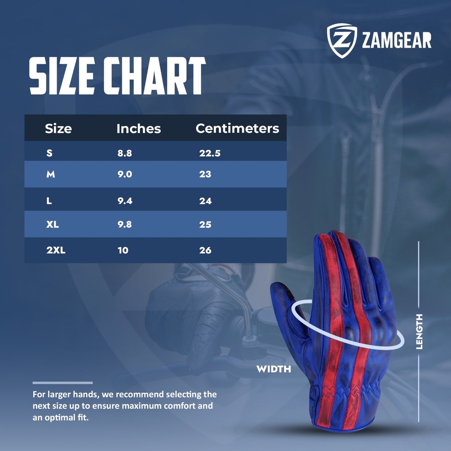 Motorcycle Leather Gloves With Reinforced Knuckles, Full Finger, Touchscreen Finger Tips, Blue ZAMGEAR