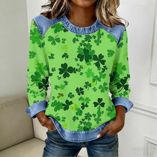 TaTaai Ladies Irish Festival Long Sleeve Top Spring Patchwork Design Round Neck Solid Color Casual Blouse Comfy Stretchy Shirt for St Patrick Holiday Outfits Gift