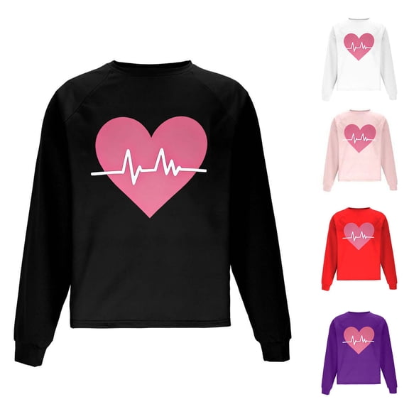 mihongmao Valentines Day Hoodies Women Round Neck Hearted Printed Long Sleeved Top Sweatshirts Pink 2X