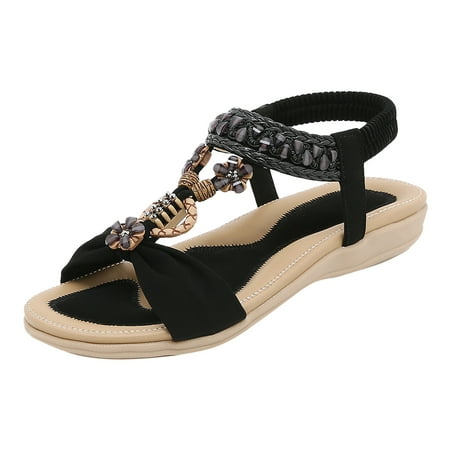 

Sandals Women Summer Women Casual Open Toe Flat Rhinestone Flowers Comfortable Soft Bottom Breathable Elastic Band Shoes Sandals