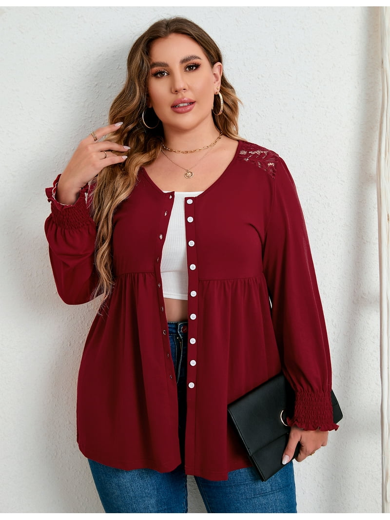 Kitsin Women Plus Size Button Down Lace Cardigan Tops Ruffle V