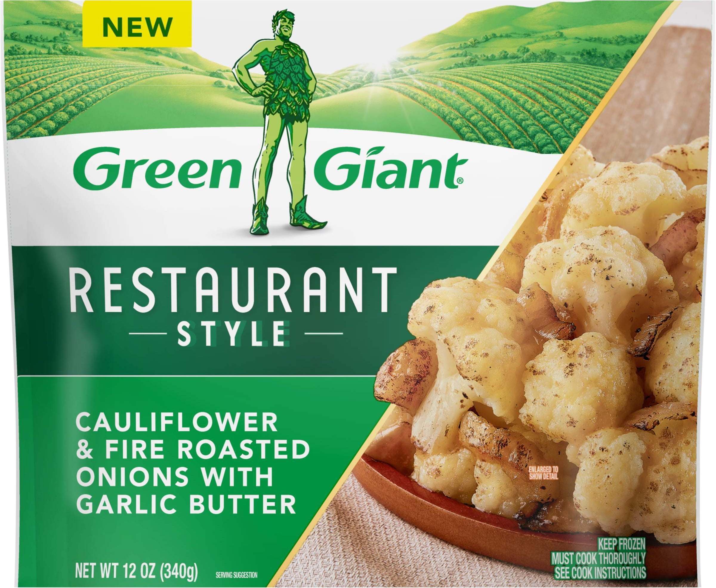 Green Giant Restaurant Style Cauliflower Fire Roasted Onions Garlic Butter, 12 oz (Frozen)
