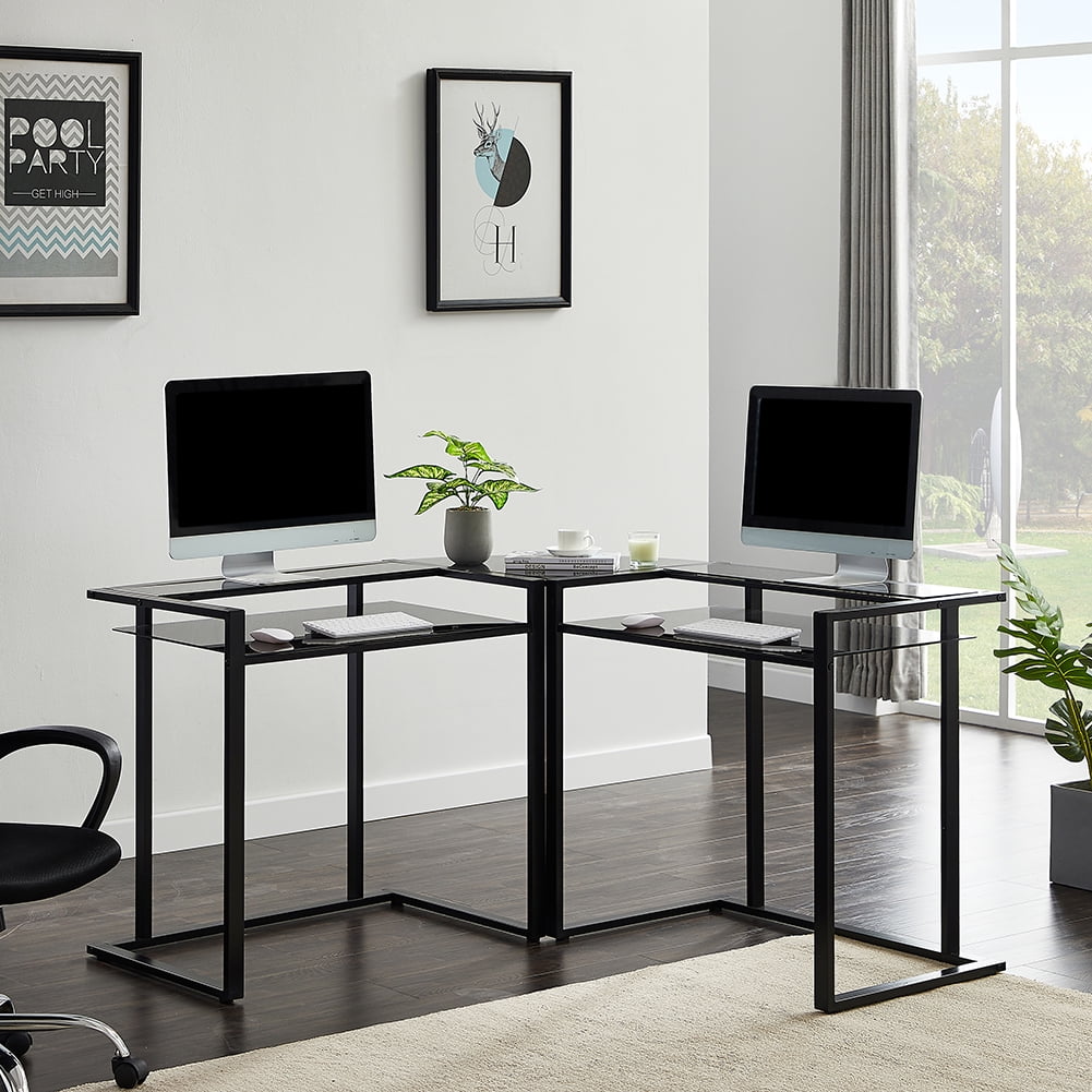 Lowestbest 56" Home Office Computer Desk, L-Shaped Glass Desk with Shelf, Round Corner Glass Workstation Desk, Black Lowestbest 56" Home Office Computer Desk, L-Shaped Glass Desk with Shelf, Round Corner Glass Workstation Desk, Black