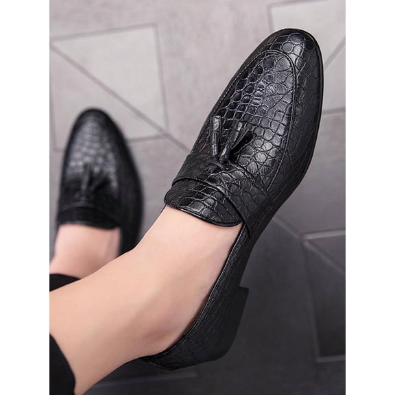 Men's Lychee Grain Embossed Tassel Decor Dress Loafers, Vintage Brown Suede for Wedding