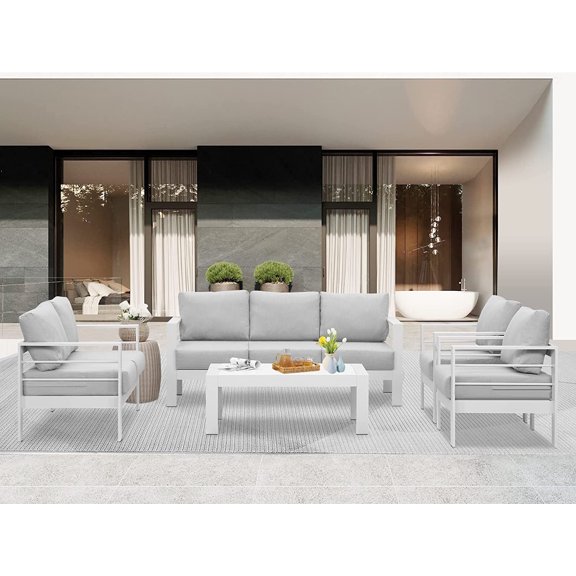 Superjoe 5 Pcs Outdoor Aluminum Furniture Set 7 Seats Patio Sectional Sofa Conversation Set Metal Sofa with 5 Inch Cushion and Coffee Table for Balcony, Garden, White