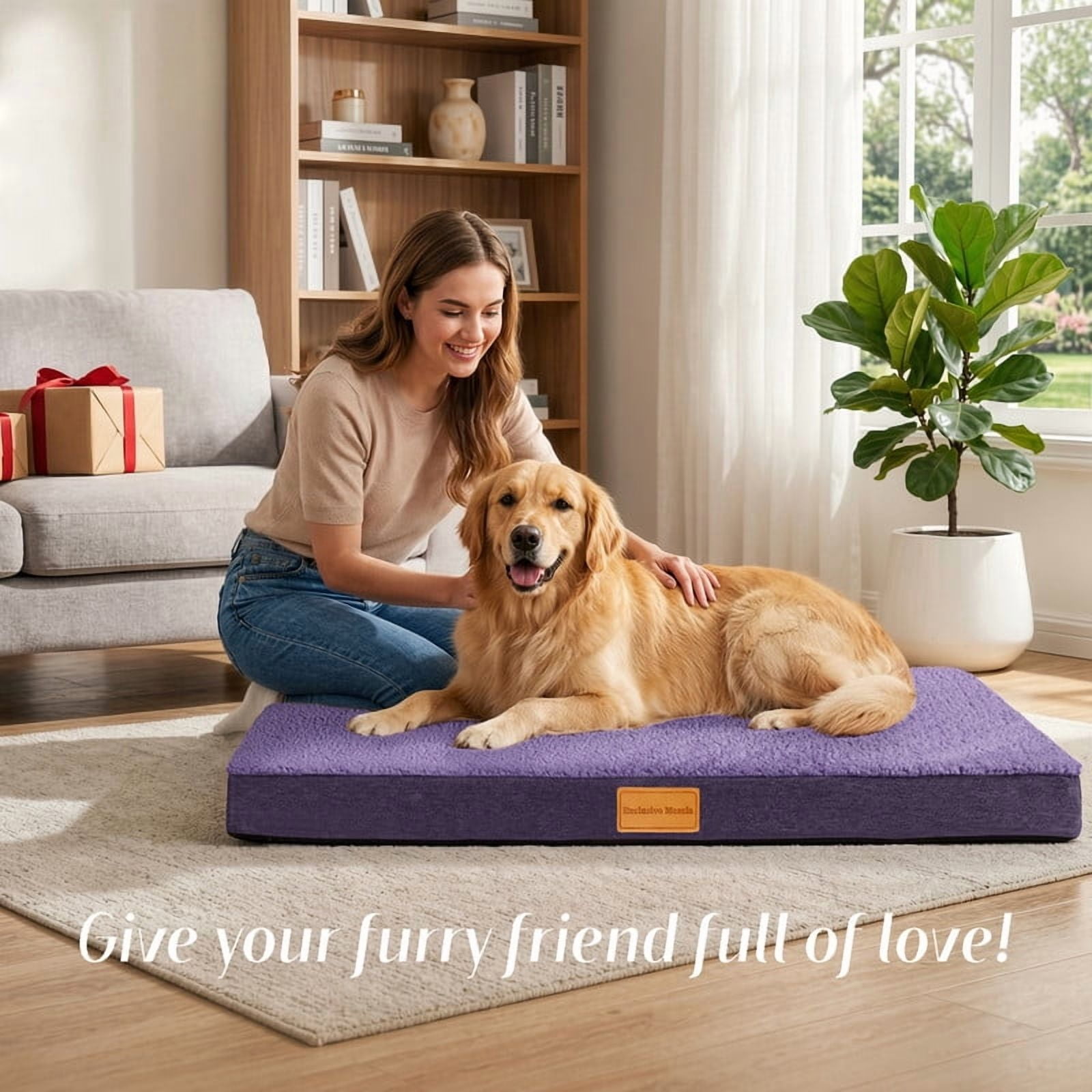 Exclusivo Mezcla Extra Large Dog Bed with Removable and Washable Cover, Orthopedic Pet Bed for Crates, Non-Slip Bottom and Waterproof Liner, 56"×40", Purple