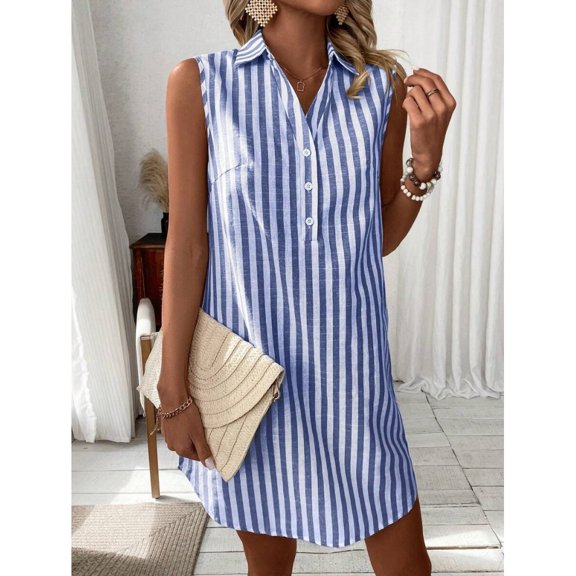 Multicolor Blue And White Striped Sleeveless Shirt Dress
