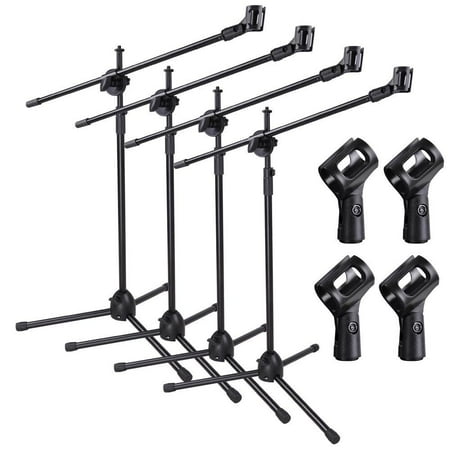 - 4pcs 360째 Rotating Elegant Microphone Stand Dual Mic Clip Boom Arm Foldable Tripod Easy to Adjust height with quick release clamp