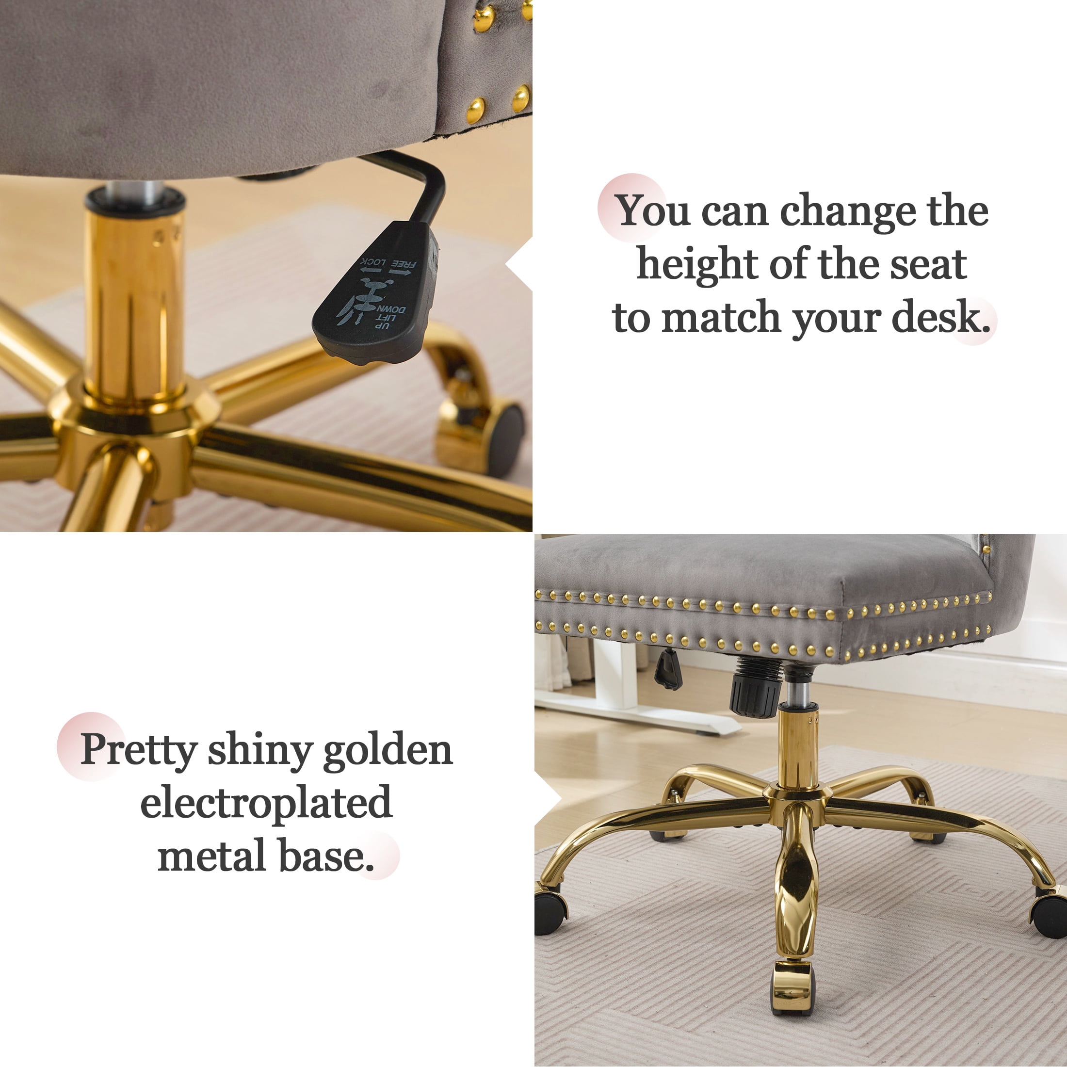 PAPROOS Vanity Chair, Swivel Home Office Chair, Ergonomic Home Desk Chair with Golden Metal Base, Adjustable Height, Velvet Upholstered Tufted Button Task Chair, Gray