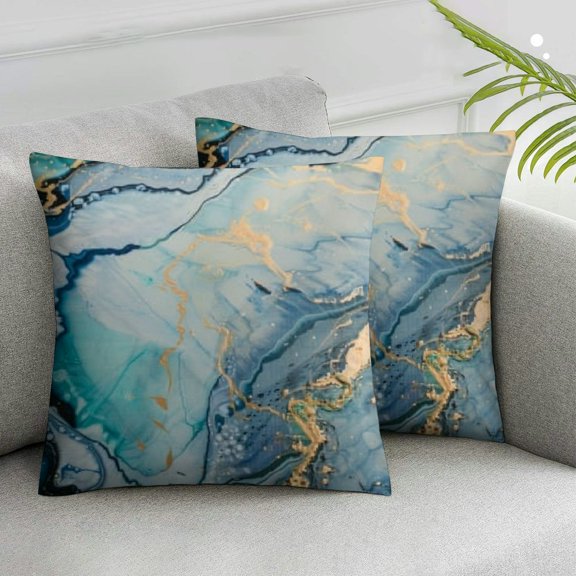 Acheng Teal Blue Marble Turquoise Gold Throw Pillow Covers Pillow Case Farmhouse Pillow Cover Summer Square Cushion for Living Room Couch Sofa Bed Home Outdoor Indoor Decorative Set of 2 White