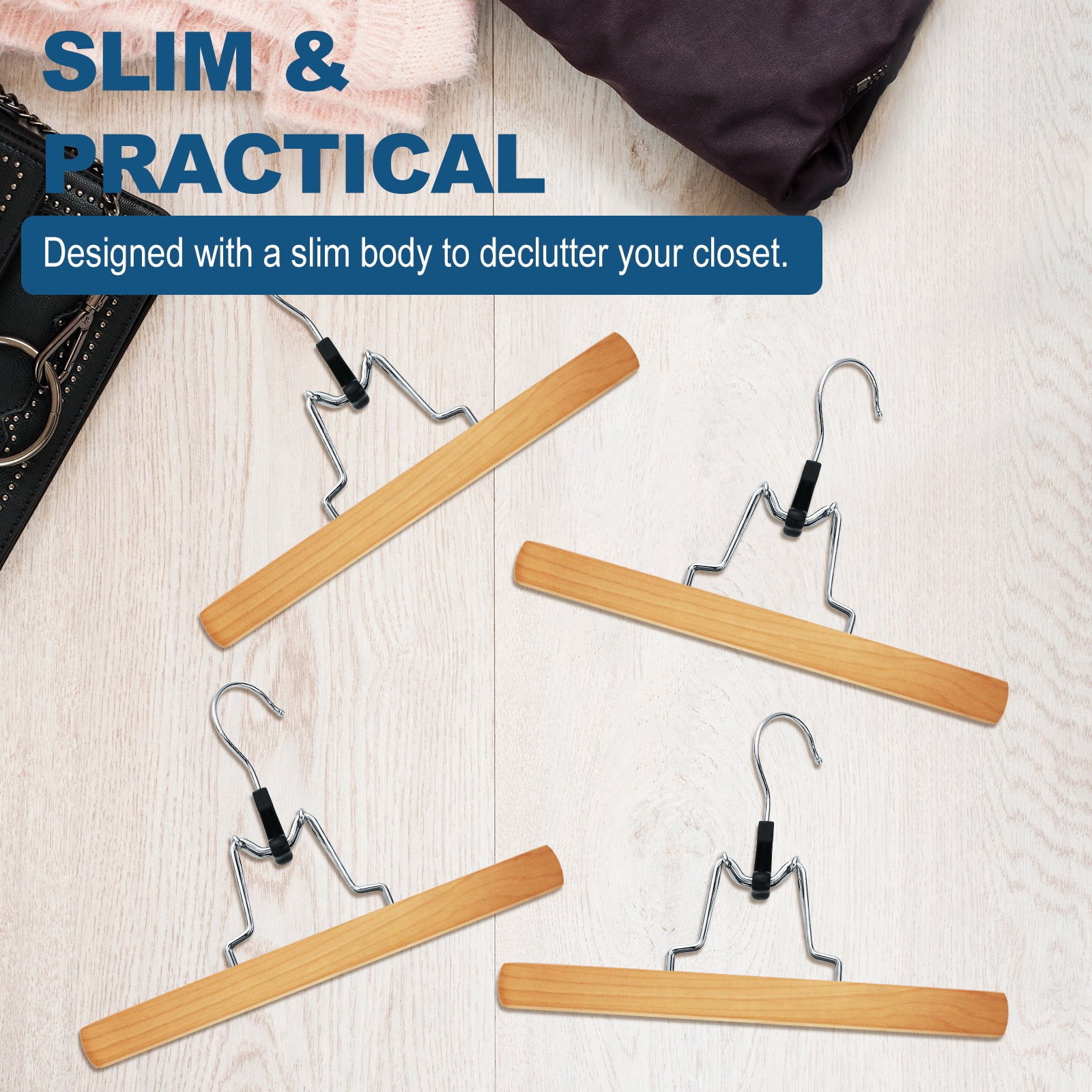 BagDream 12 Pack Wooden Pants Hangers with Clips, Smooth Finish Solid Wood Non Slip Skirt Hangers Jeans Slack Clamp Hanger, Natural