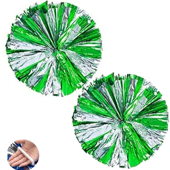 GoXteam 2Pcs Metallic Cheerleading Pom Poms, Creatiee 1 Pair Cheerleader Cheering Squad Pompoms for School Sports Dance Games Team Spirit Cheer, Green Silver