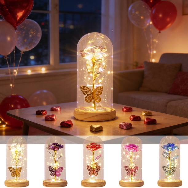 Luz Nocturna De Plástico 1Pcs Blue Plastic Preserved Rose and Butterfly Night Light with Glowing LED Inside Glass Dome Valentines Day Birthday Gift for Women 9.05x4.52" JASKFLY