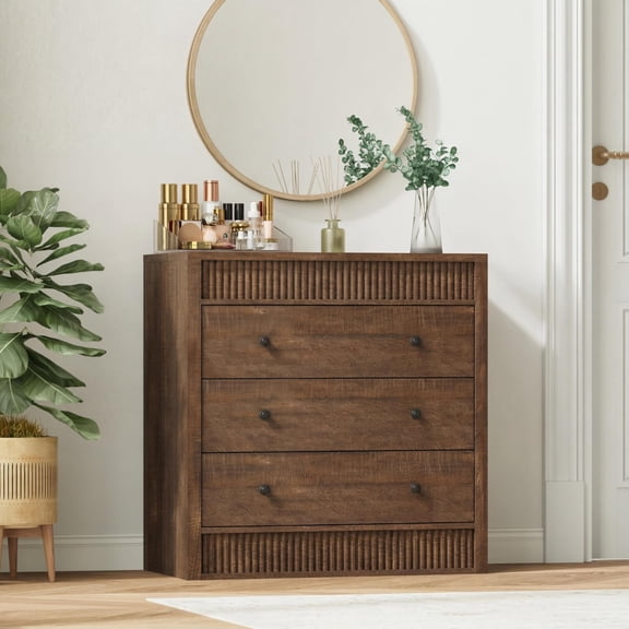 3 Drawer Dresser for Bedroom, 31.5" Wide Fluted Chest of Drawers, Modern Wooden Nightstand Storage Cabinet for Kids Room, Hallway, Living Room, Walnut