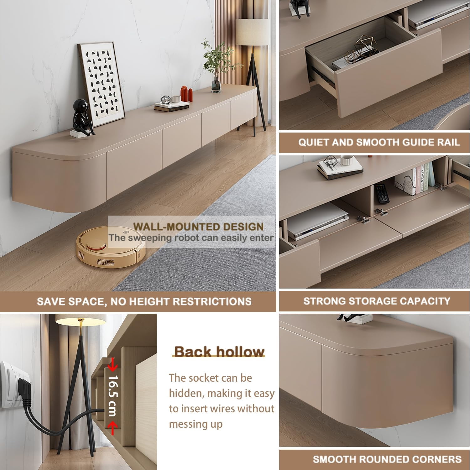 Modern Floating TV Unit with LED Lighting | Wall-Mounted Entertainment Media Console | Large Storage TV Bench for Living Room & Office (Khaki, 102.3'')